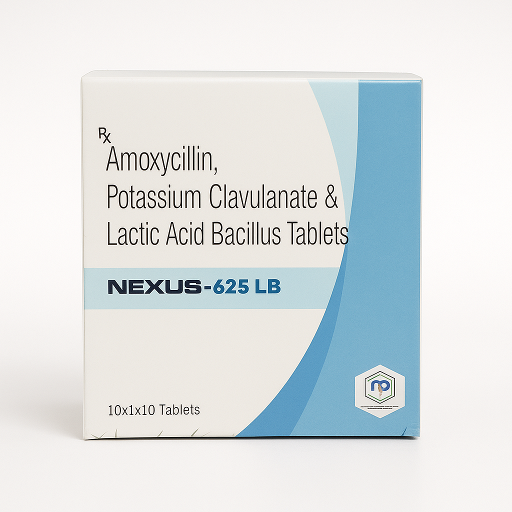 High-quality studio photograph of Nexus-625 LB tablets from Nexus Pharmatech, showing a white and blue box with gradient wave design and clear composition details, displayed on a clean white background with soft shadows