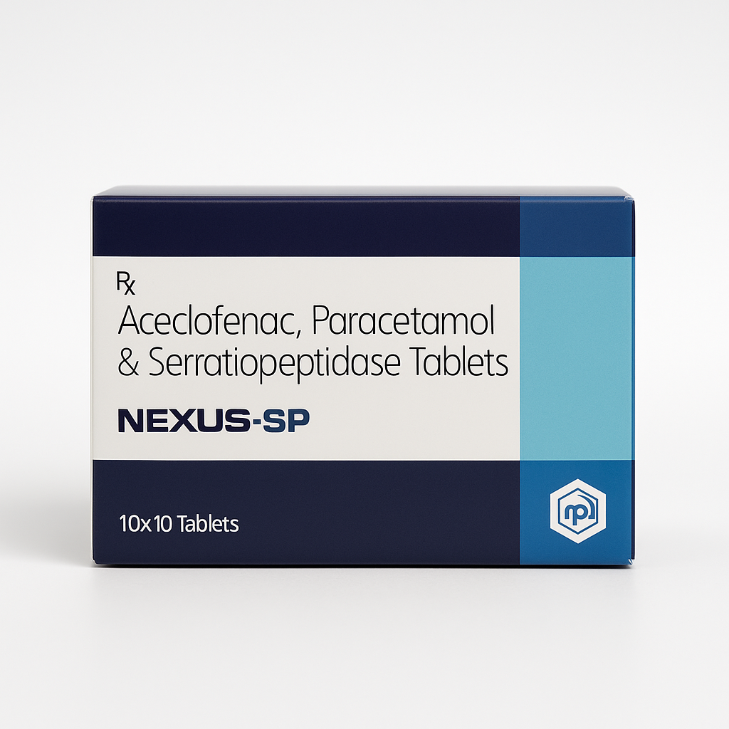 Studio photograph of Nexus-SP tablets from Nexus Pharmatech, showing a white and blue box with clear branding and composition details, displayed on a clean white background with soft shadows
