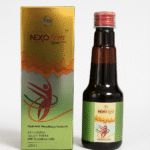 High-quality studio photograph of NEXOfem Ayurvedic Syrup from Nexus Pharmatech, showing a 200ml dark brown bottle with red cap and matching gold-printed box featuring a dancing woman graphic, displayed on a clean white background