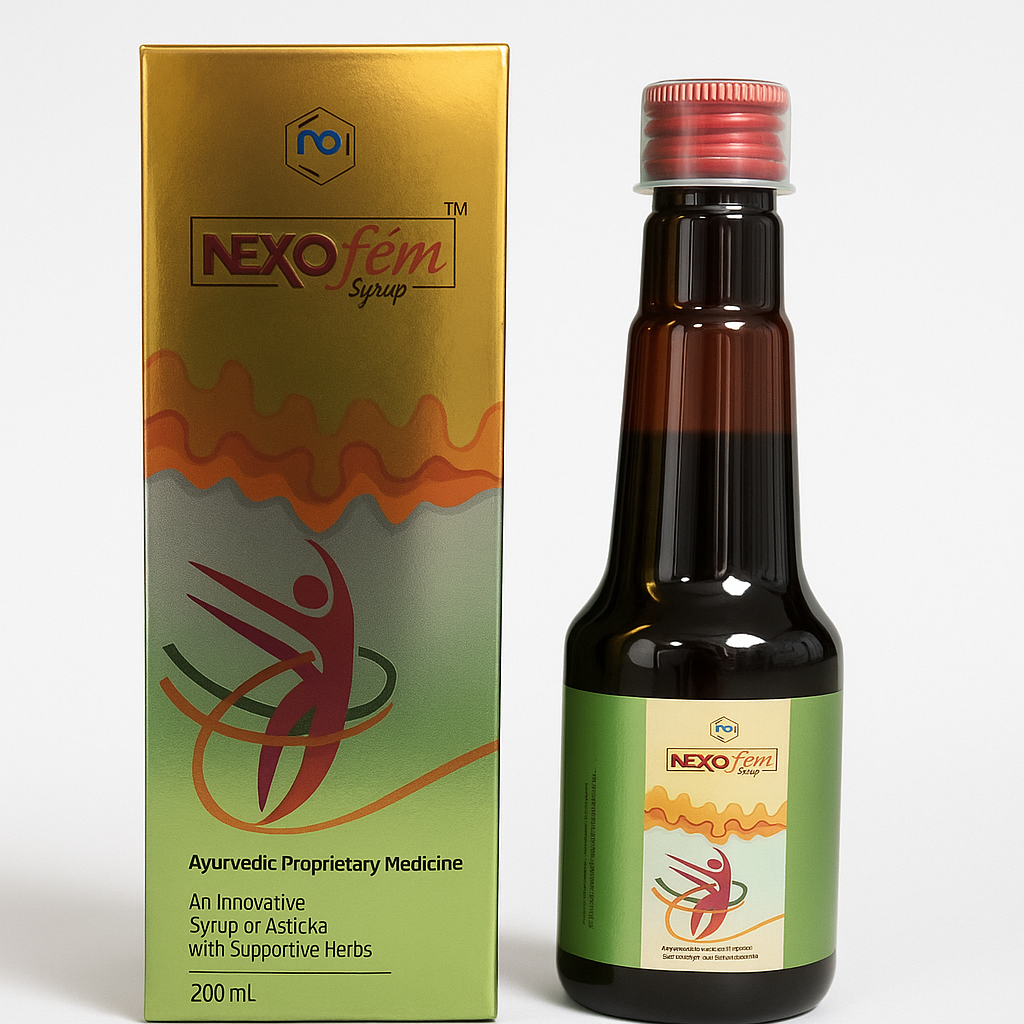 High-quality studio photograph of NEXOfem Ayurvedic Syrup from Nexus Pharmatech, showing a 200ml dark brown bottle with red cap and matching gold-printed box featuring a dancing woman graphic, displayed on a clean white background