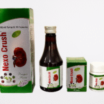 Digital photograph of NEXO-CRUSH medication packaging from Nexus Pharmatech, showing a clean white box with green and orange accents and clear product branding