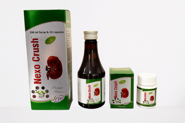 Digital photograph of NEXO-CRUSH medication packaging from Nexus Pharmatech, showing a clean white box with green and orange accents and clear product branding