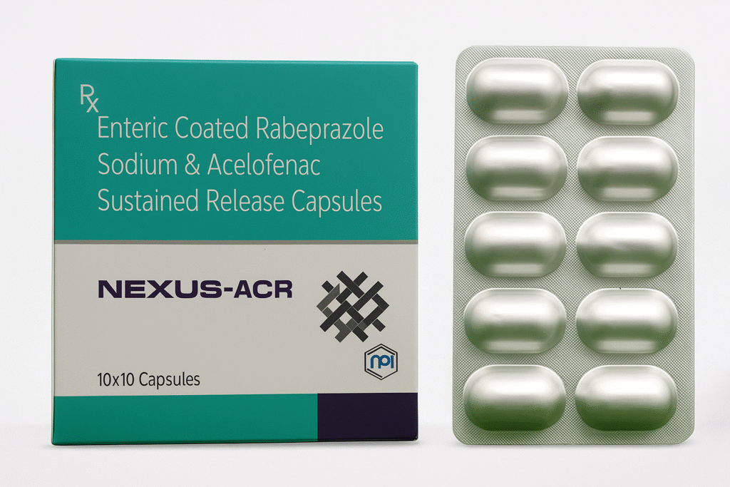 High-quality studio photograph of Nexus-ACR capsules from Nexus Pharmatech, showing turquoise-accented carton alongside a silver blister pack of white capsules, displayed on a clean white background with soft shadows