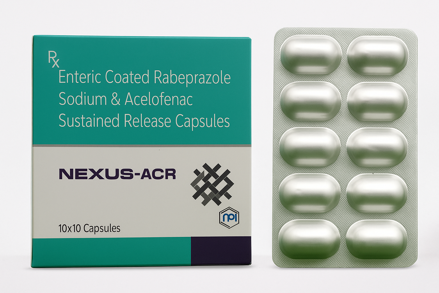 High-quality studio photograph of Nexus-ACR capsules from Nexus Pharmatech, showing turquoise-accented carton alongside a silver blister pack of white capsules, displayed on a clean white background with soft shadows