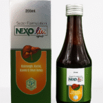 High-quality studio photograph of NEXOliv herbal liver tonic from Nexus Pharmatech, showing a 200ml amber syrup bottle with green and silver label alongside its matching box featuring an orange liver graphic, displayed on a clean white background