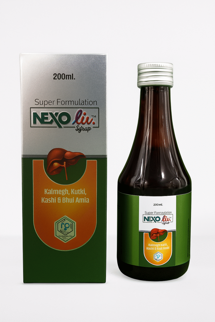 High-quality studio photograph of NEXOliv herbal liver tonic from Nexus Pharmatech, showing a 200ml amber syrup bottle with green and silver label alongside its matching box featuring an orange liver graphic, displayed on a clean white background