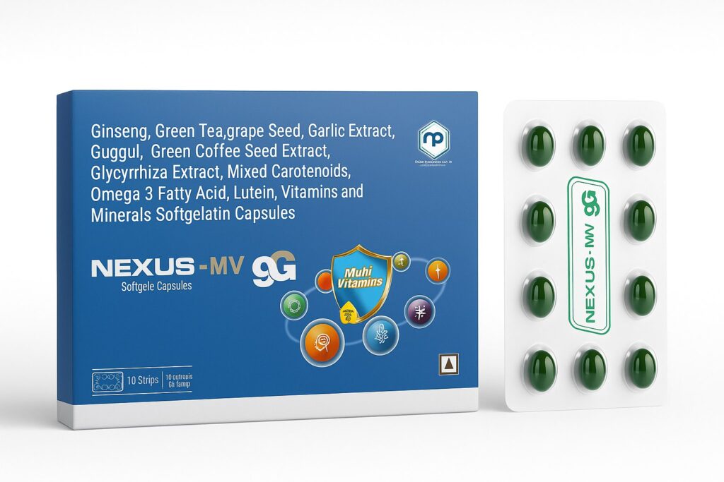 Studio photograph of Nexus MV9G multivitamin and multimineral supplement from Nexus Pharmatech, showing the product packaging with bold MV9G branding, displayed on a clean white background with sharp focus and soft shadows