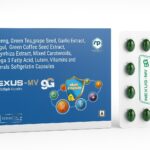 Studio photograph of Nexus MV9G multivitamin and multimineral supplement from Nexus Pharmatech, showing the product packaging with bold MV9G branding, displayed on a clean white background with sharp focus and soft shadows