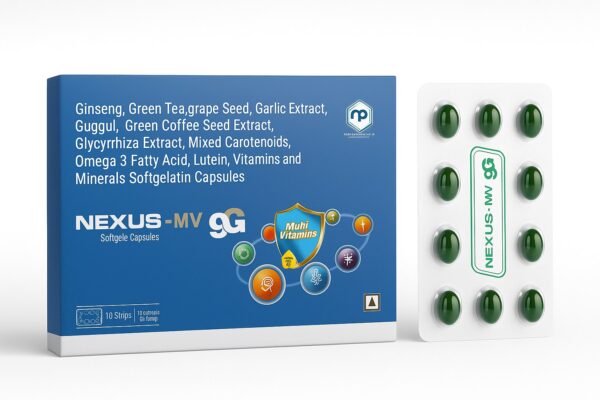 Studio photograph of Nexus MV9G multivitamin and multimineral supplement from Nexus Pharmatech, showing the product packaging with bold MV9G branding, displayed on a clean white background with sharp focus and soft shadows